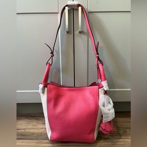 HEATHER'S CLOSET KAT Colorblock Leather Convertible Bucket Tote Flower Tassel